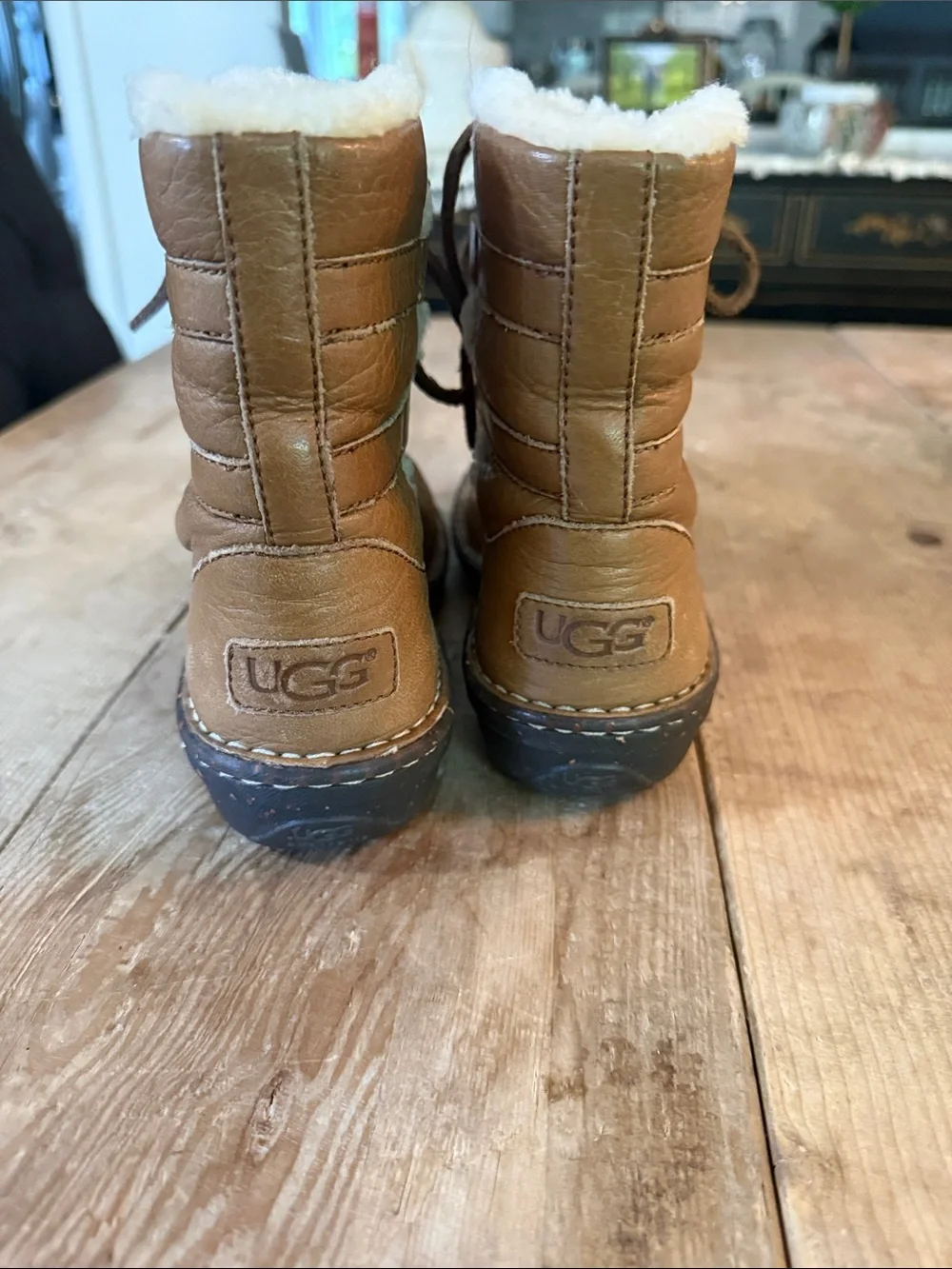 UGG Brown Leather Shearling Lace-Up Ankle Booties